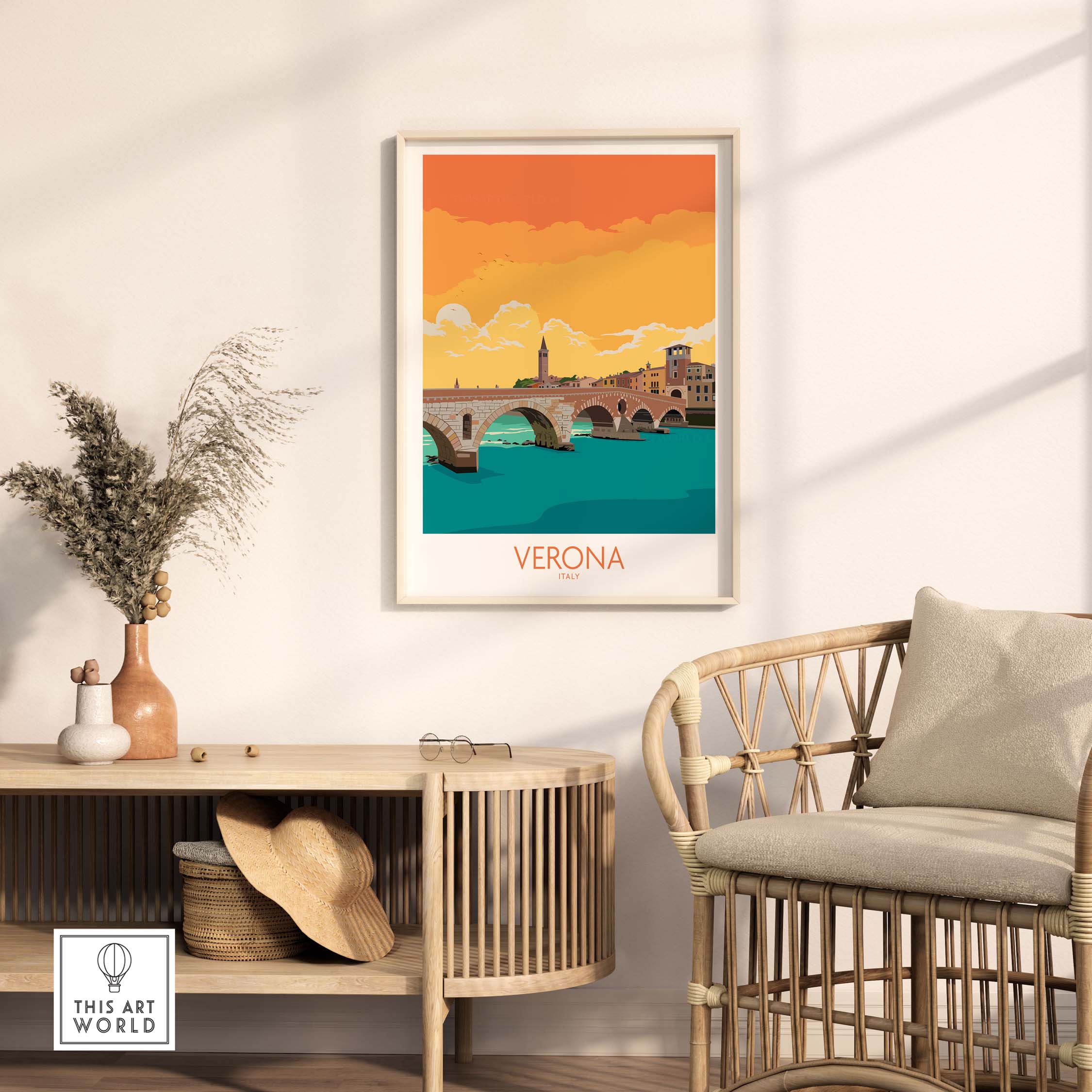 Verona Poster Italy showcasing a vintage travel design with a vibrant sunset, ideal for stylish home decor.
