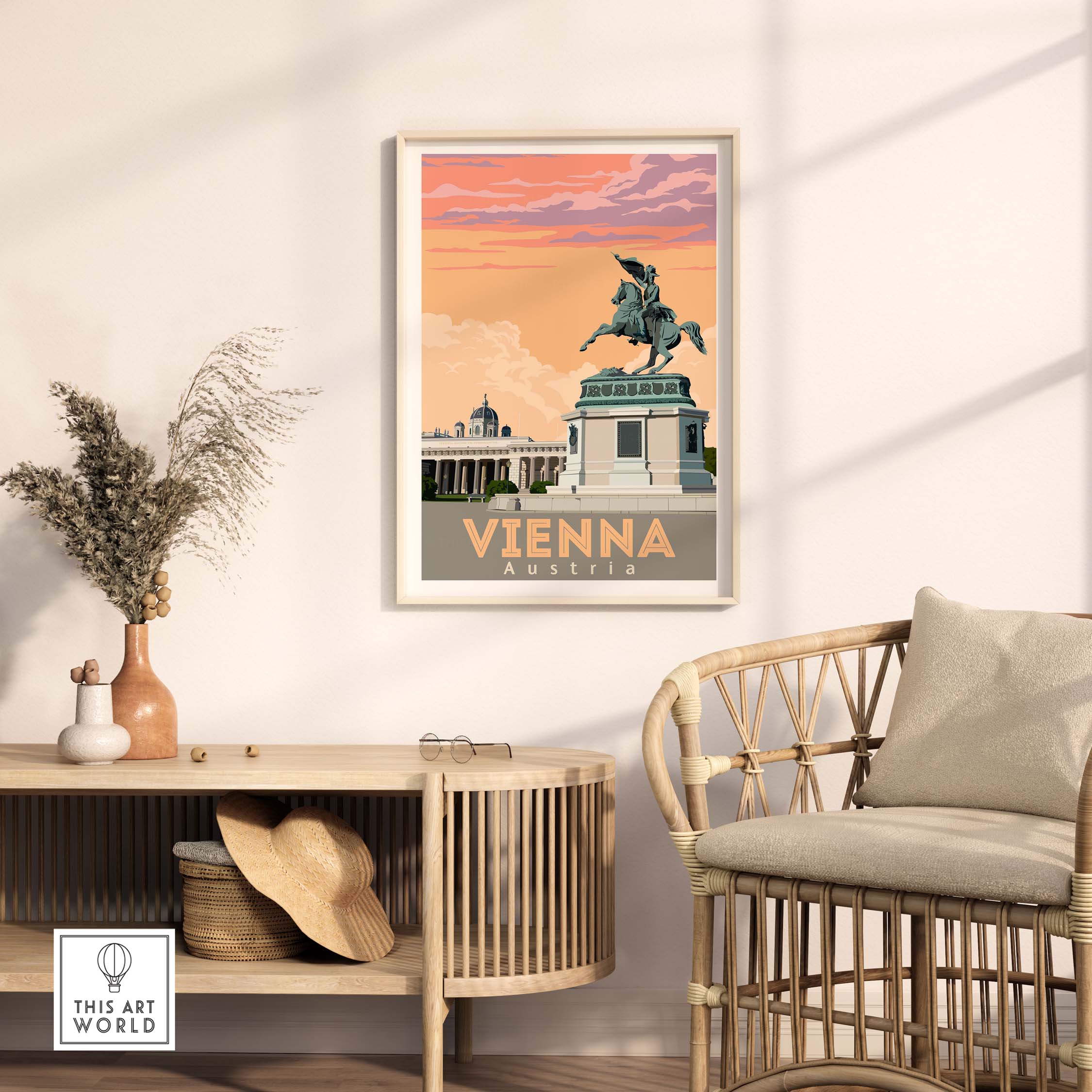 Vienna Poster Austria Print showcasing iconic architecture in a stylish home setting with warm colors.