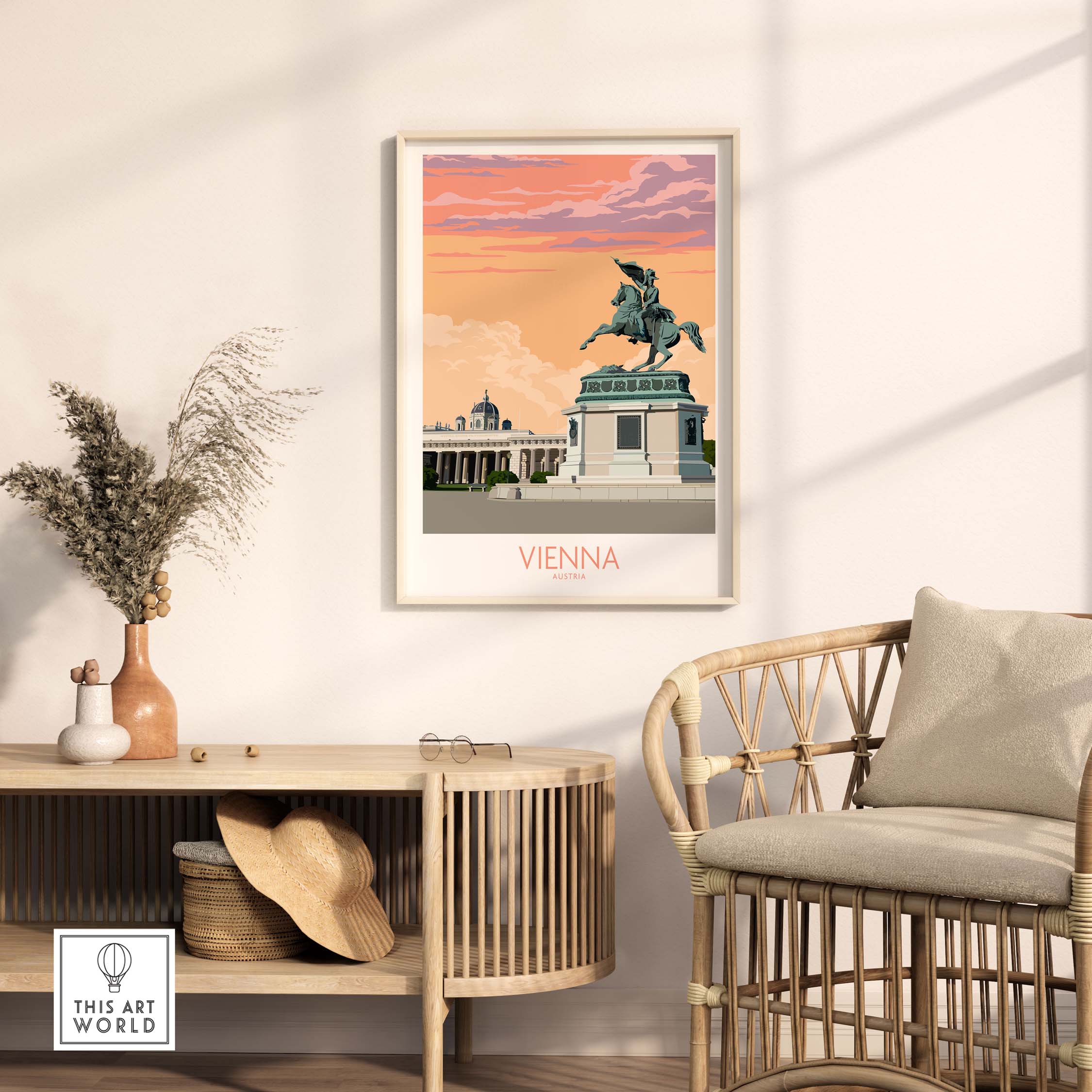 Vintage Vienna Print Austria travel poster displayed in stylish home interior.