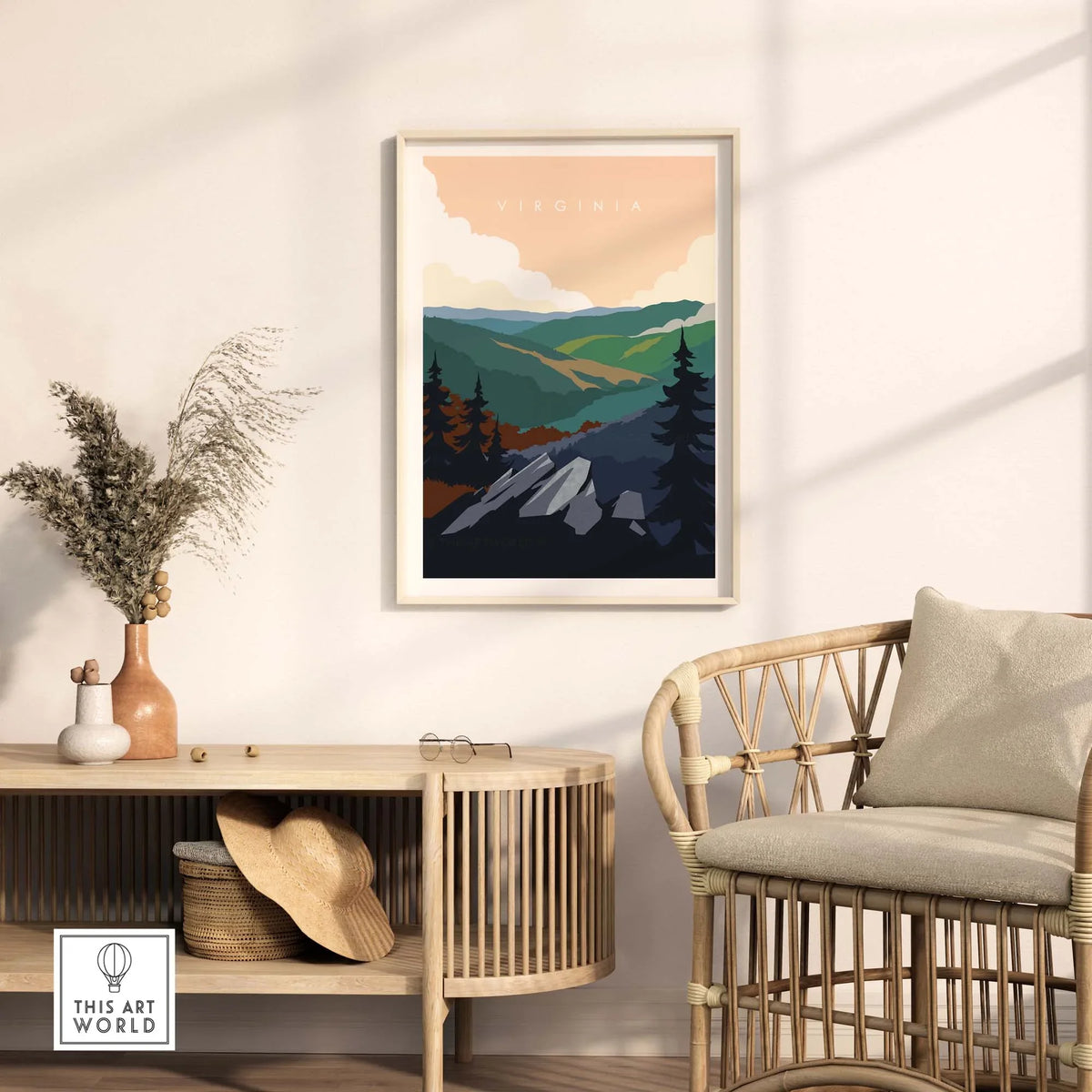 Virginia travel poster print featuring mountains and trees in minimalist style, ideal for home decor.