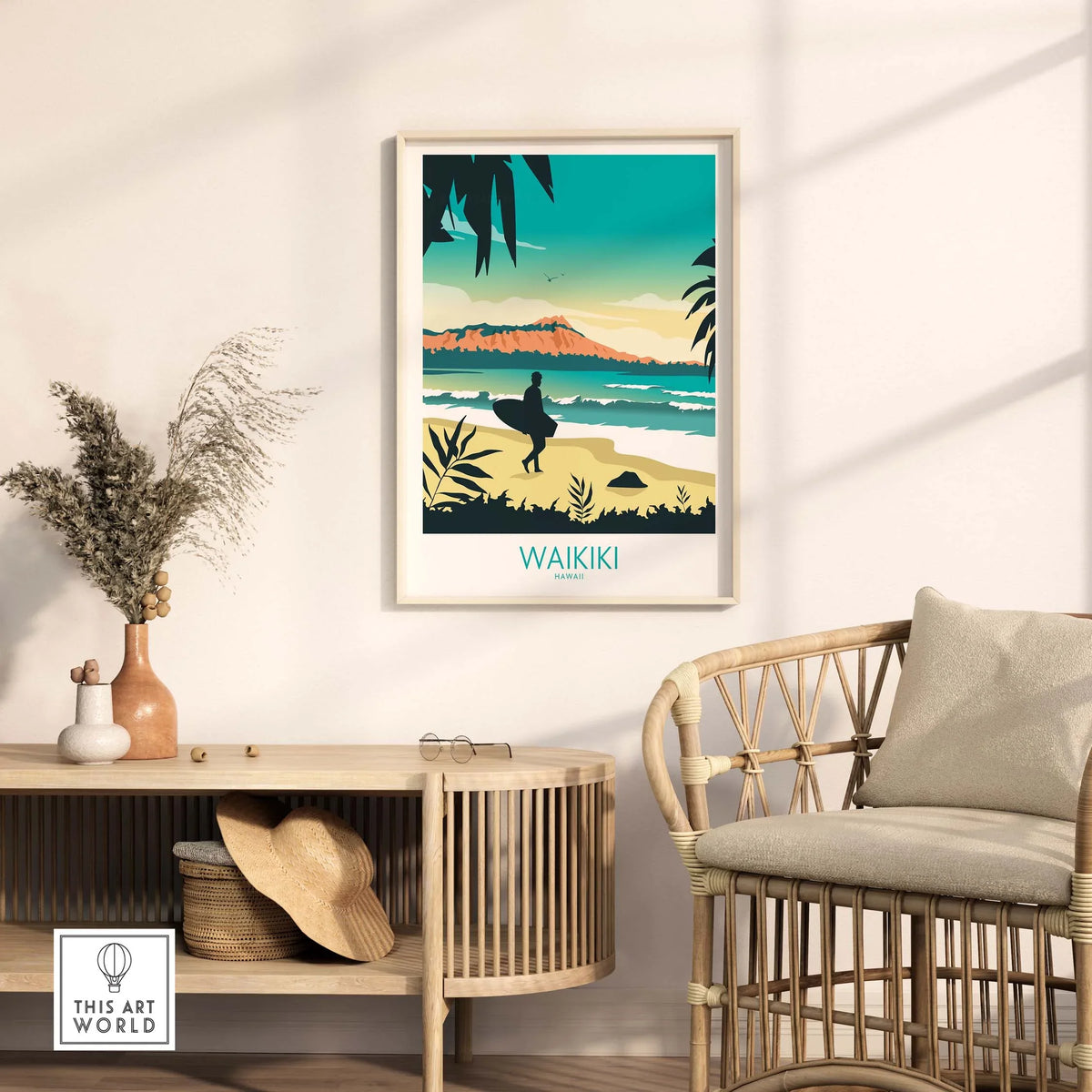 Waikiki Hawaii poster print showcasing a serene beach scene, framed and styled in a modern living room.