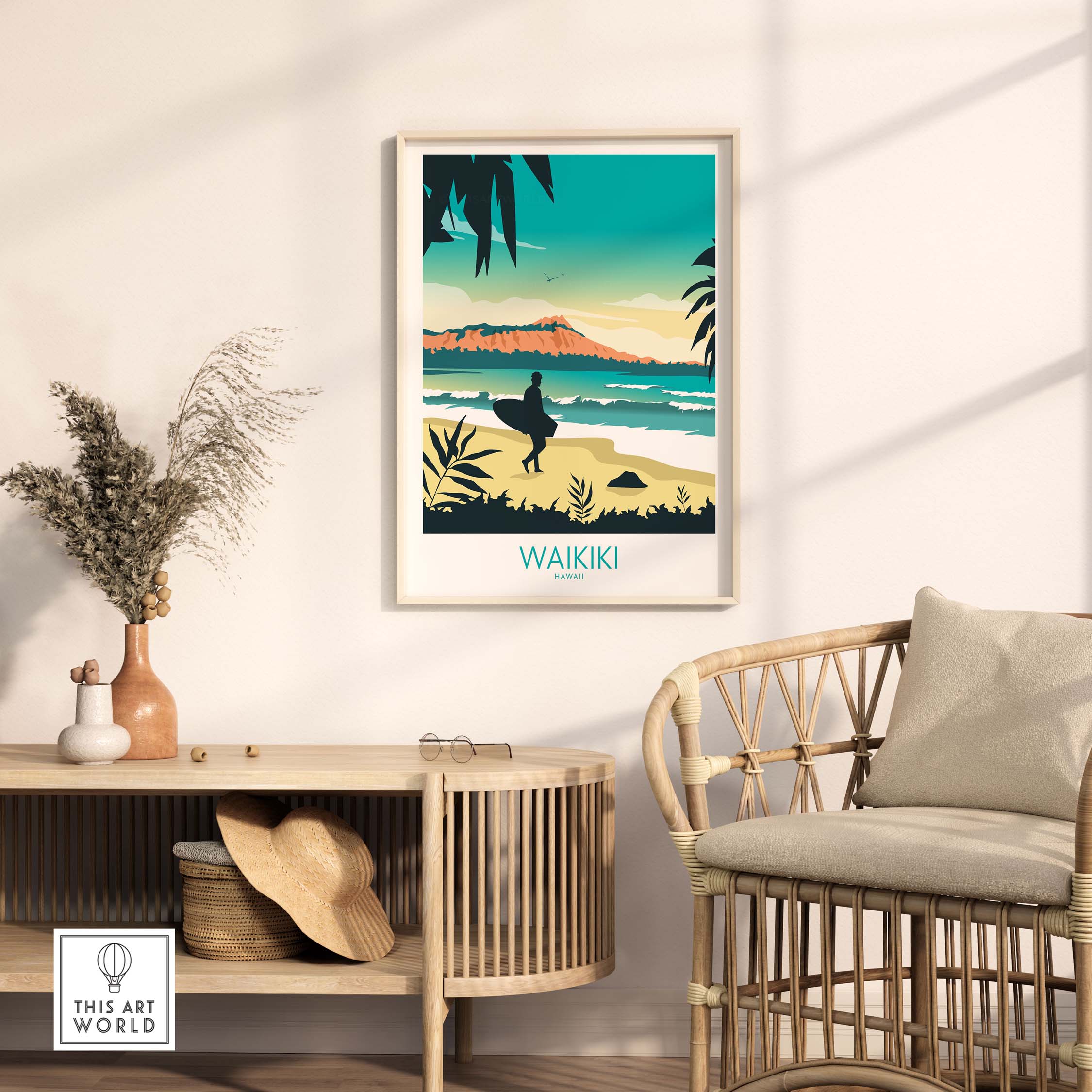 Waikiki Hawaii poster print showcasing a serene beach scene, framed and styled in a modern living room.