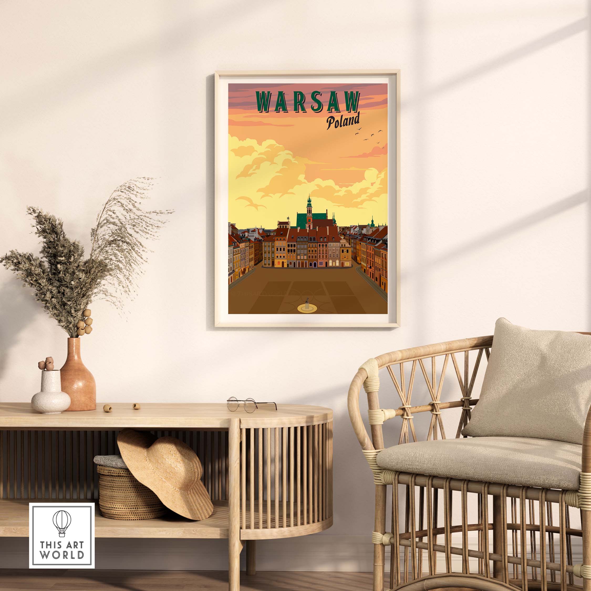 Vintage Warsaw poster showcasing colorful architecture, displayed in a stylish home setting for travel enthusiasts.
