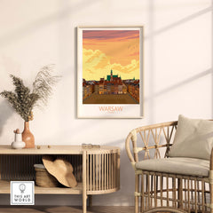 Warsaw Print poster displayed in a stylish interior, showcasing vintage travel art with warm colors.
