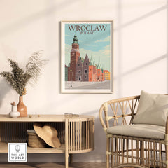 Wroclaw Poland vintage travel poster print displayed in a stylish living room setting.