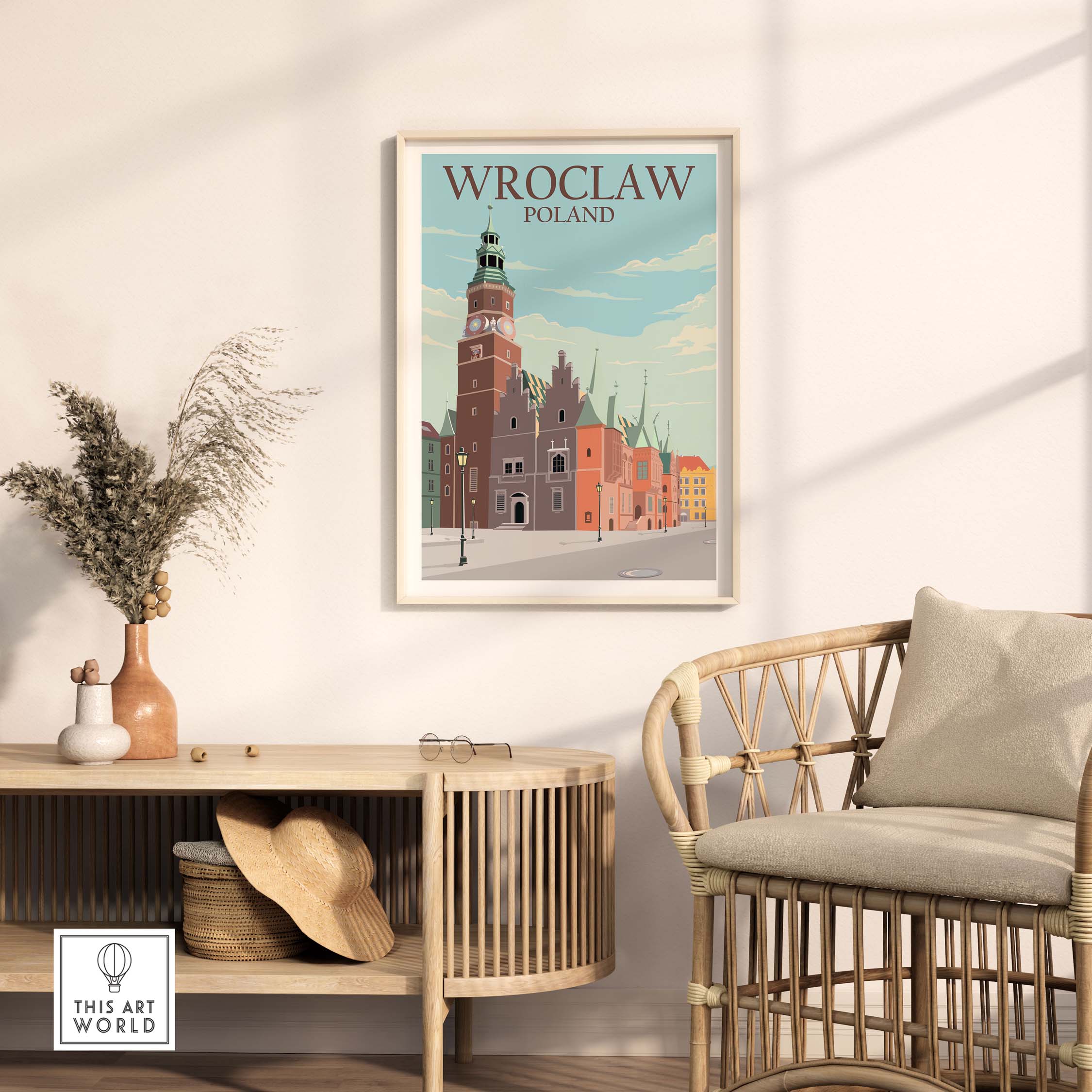 Wroclaw Poland vintage travel poster print displayed in a stylish living room setting.