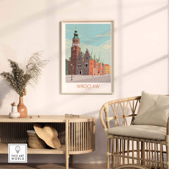 Wroclaw Print Poland Travel Poster displayed in stylish living room decor with rattan furniture.