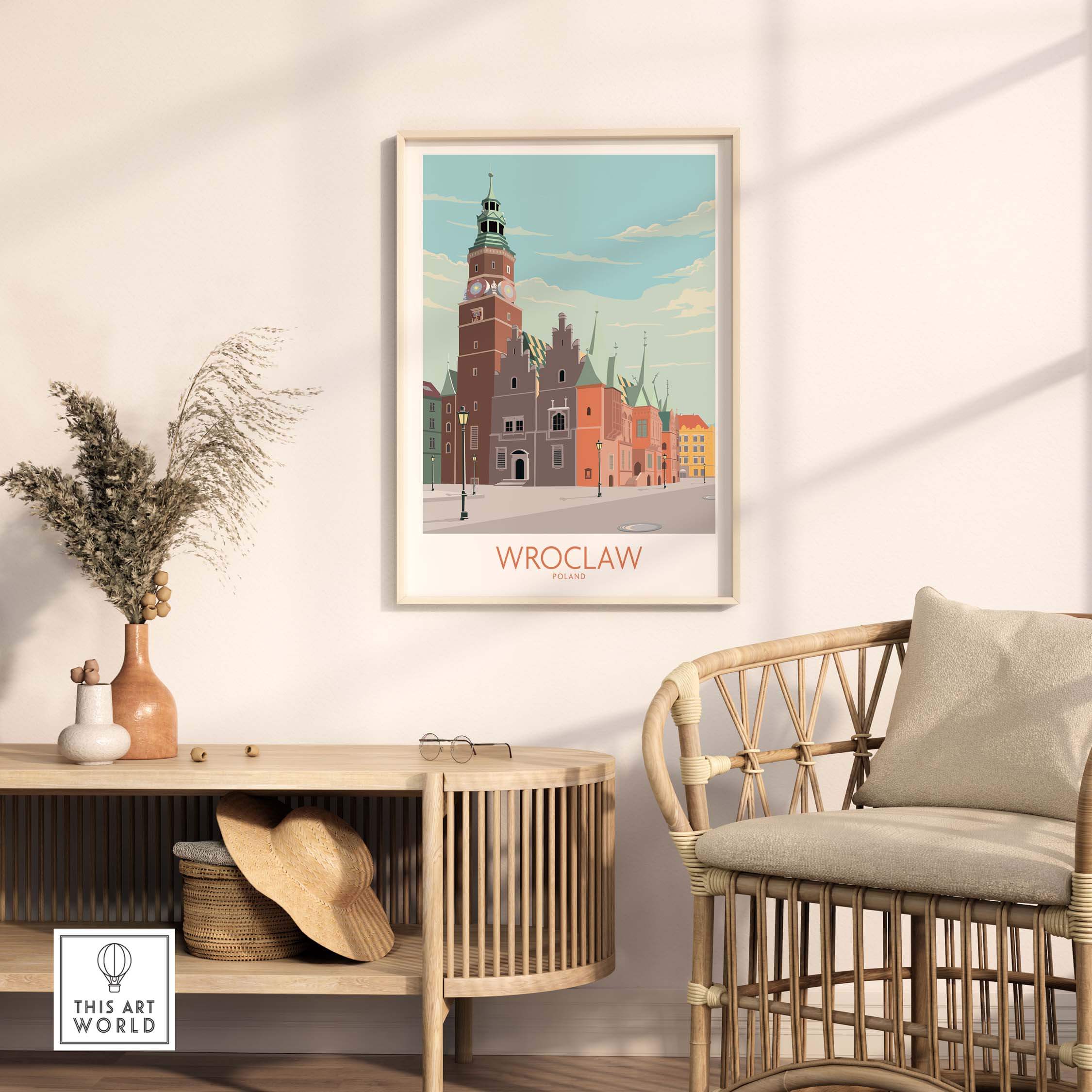 Wroclaw Print Poland Travel Poster displayed in stylish living room decor with rattan furniture.