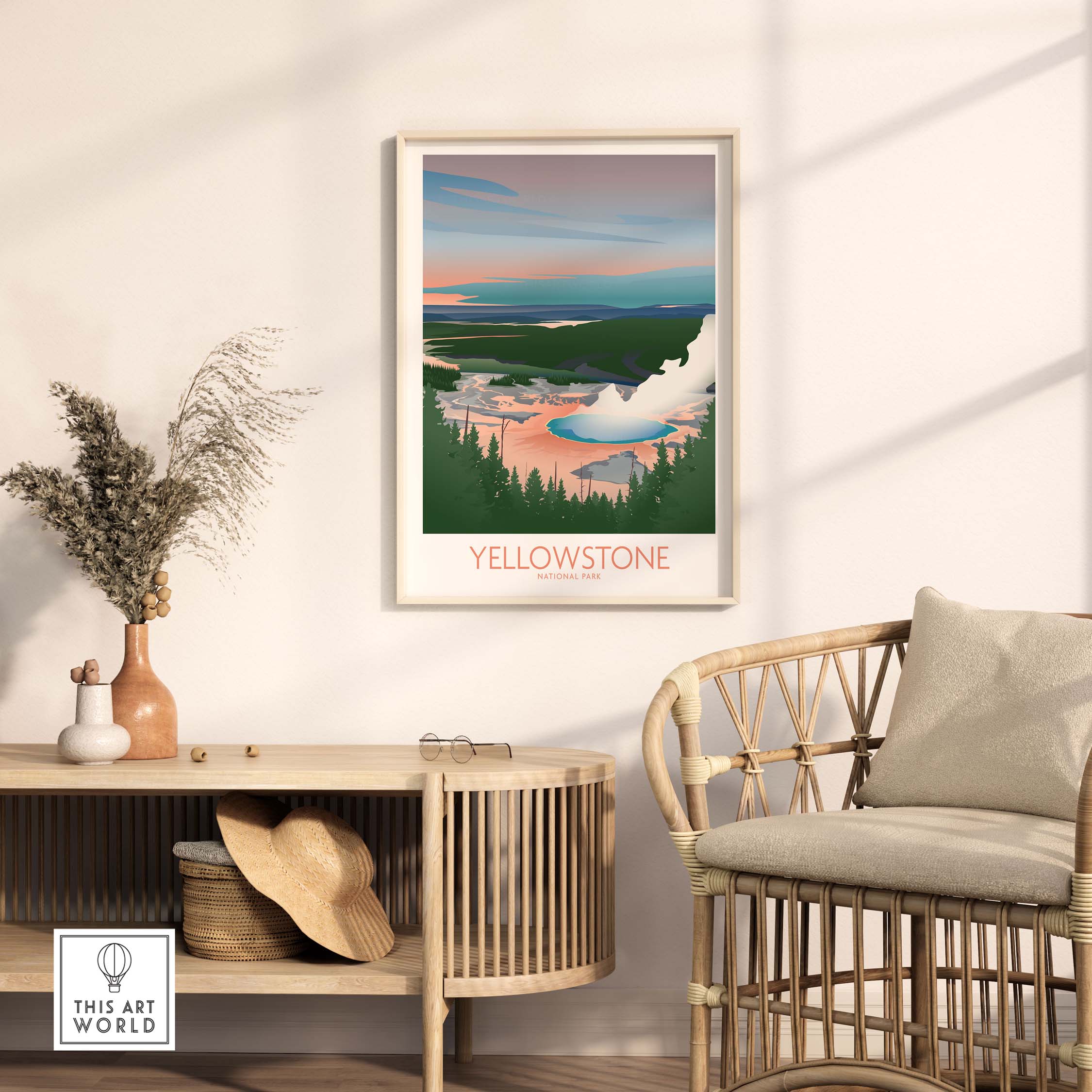 Yellowstone National Park minimalist art print displayed in a stylish home setting with natural decor.