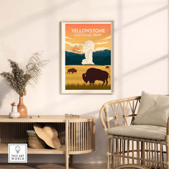 Yellowstone National Park poster featuring bison and geyser in a stylish living room setting, ideal for nature lovers.