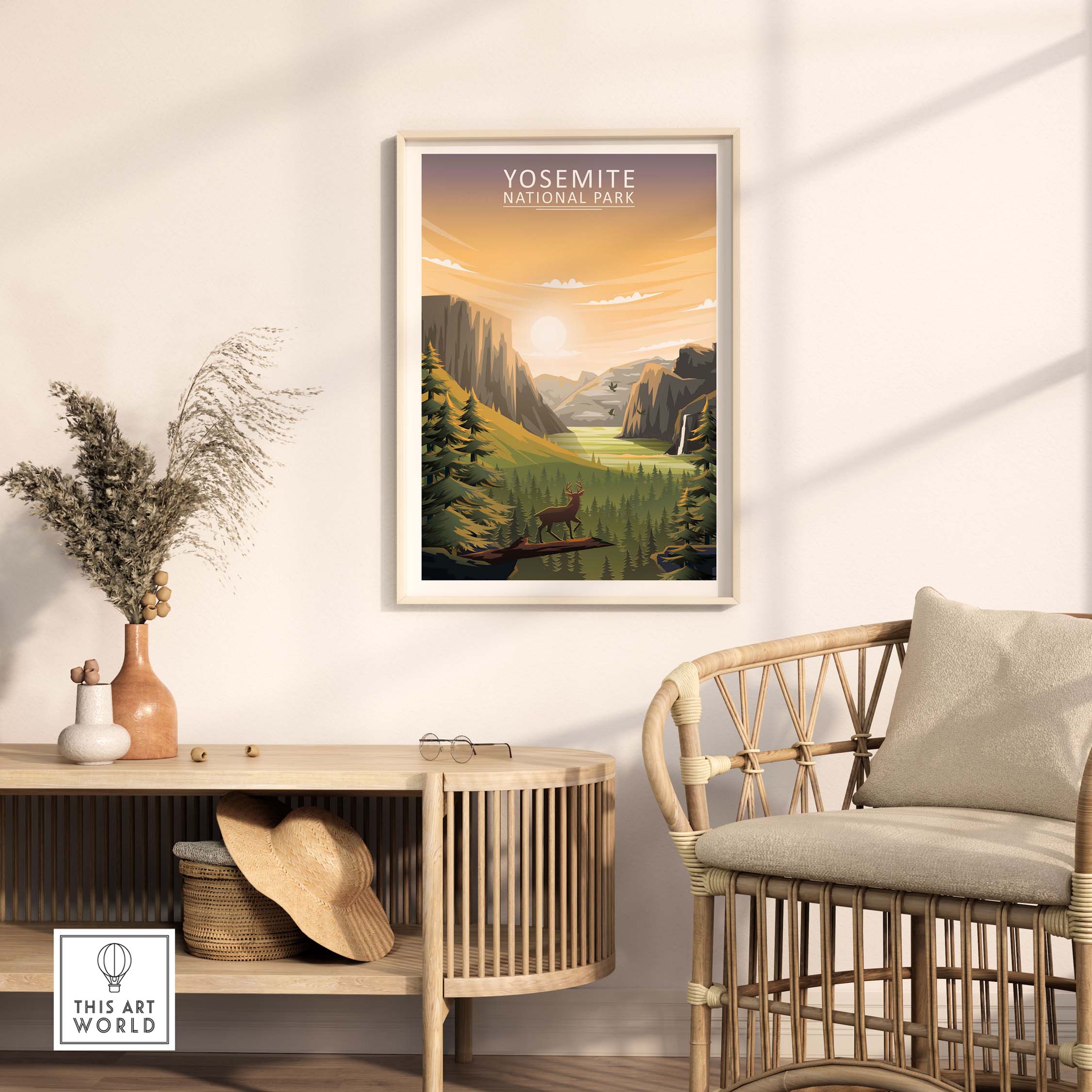 Yosemite National Park poster displayed in a stylish living room setting, showcasing nature-inspired artwork.