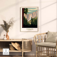 Yosemite Park poster print featured in stylish home decor setting, highlighting vintage-inspired national park art.