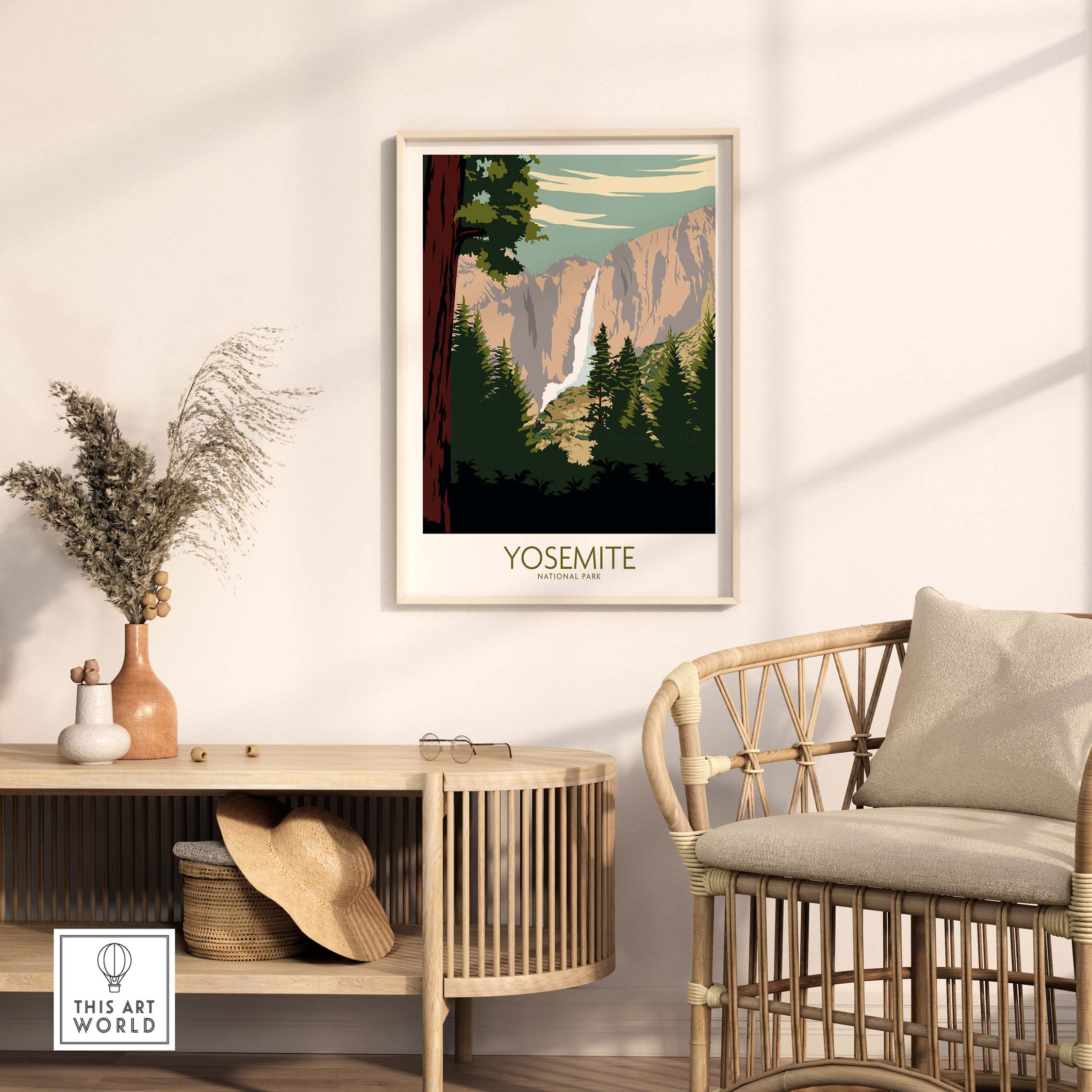 Yosemite Park poster print featured in stylish home decor setting, highlighting vintage-inspired national park art.