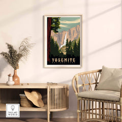 Yosemite National Park print in a stylish living room setting with natural decor and framed artwork.