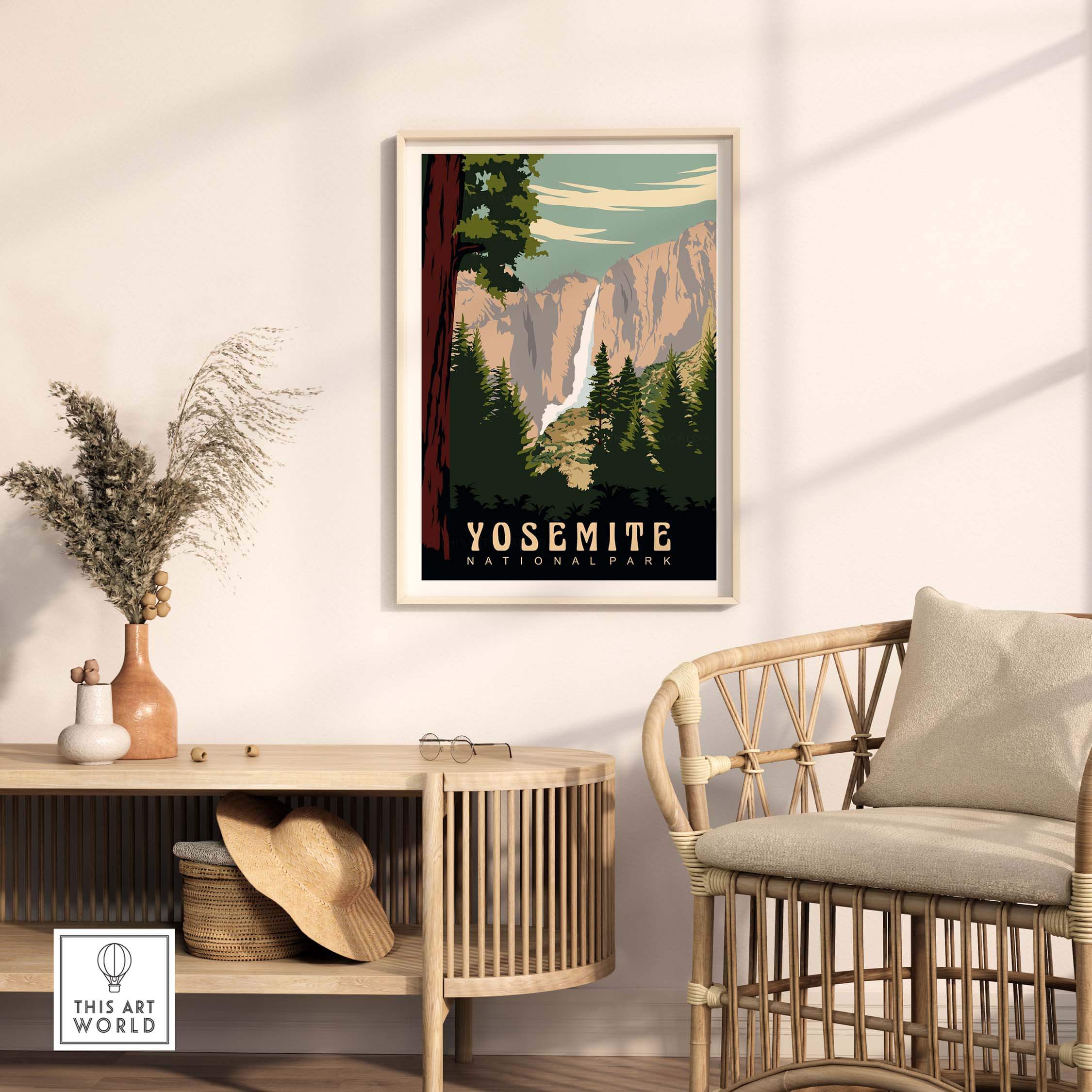 Yosemite National Park print in a stylish living room setting with natural decor and framed artwork.