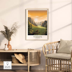 Framed Yosemite wall art poster in a stylish living room setting, depicting a scenic national park landscape.