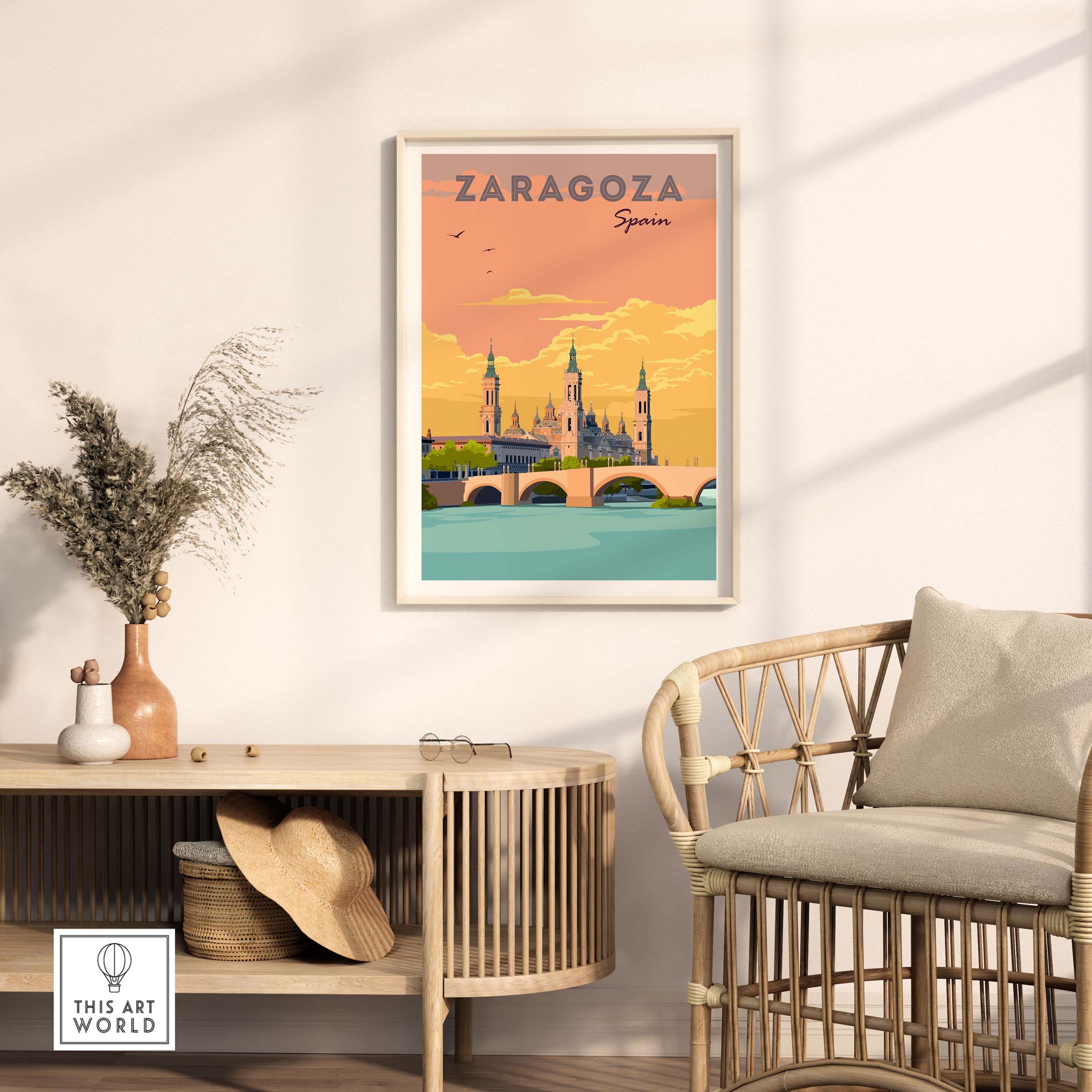 Zaragoza Spain vintage travel print showcased in a stylish home setting with natural decor.