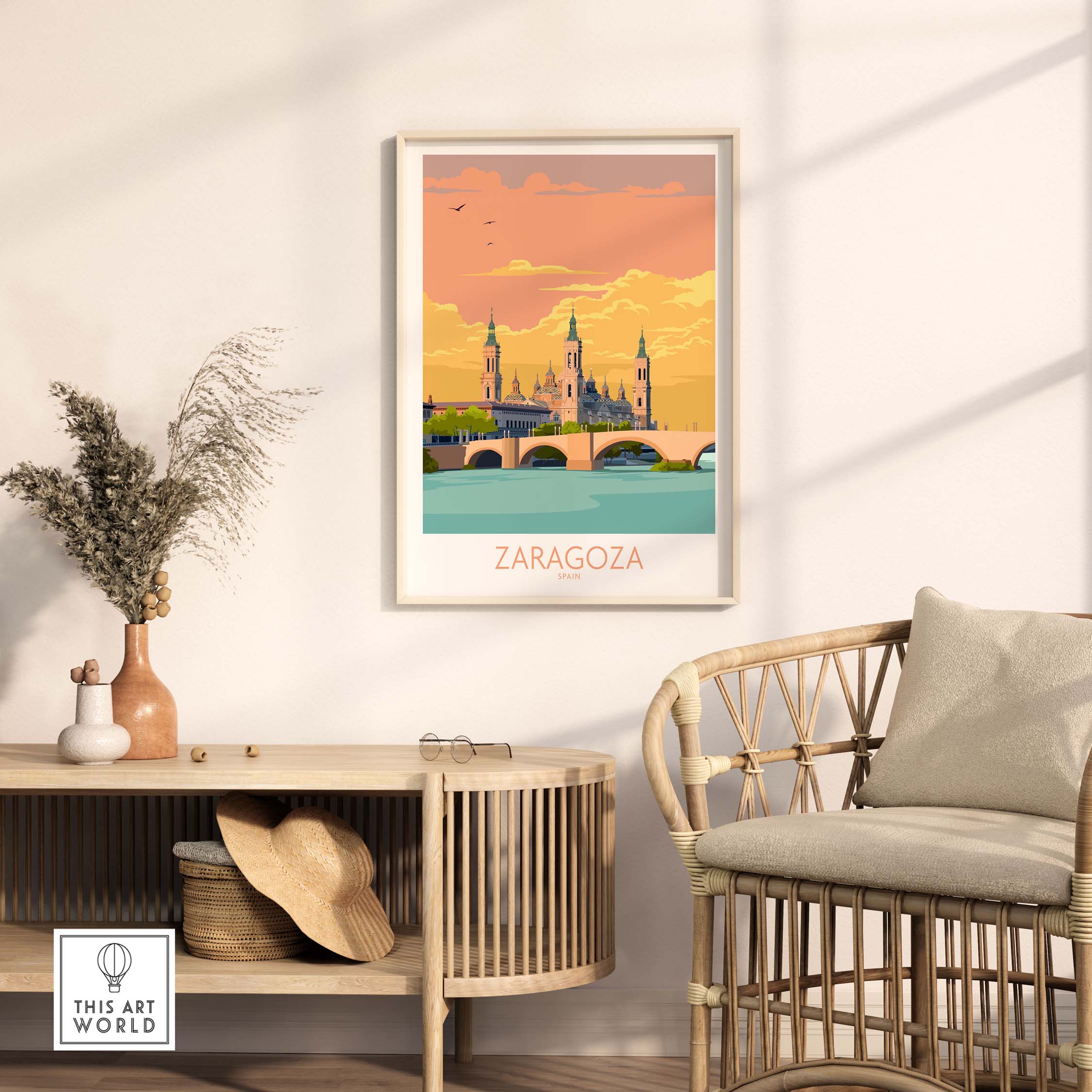 Zaragoza Spain poster displayed in a stylish home setting with a rattan chair and decorative plant.