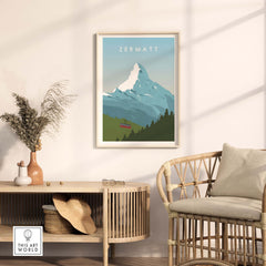 Zermatt Print Wall Art Poster displayed in a modern living room with mountain scenery and stylish decor.