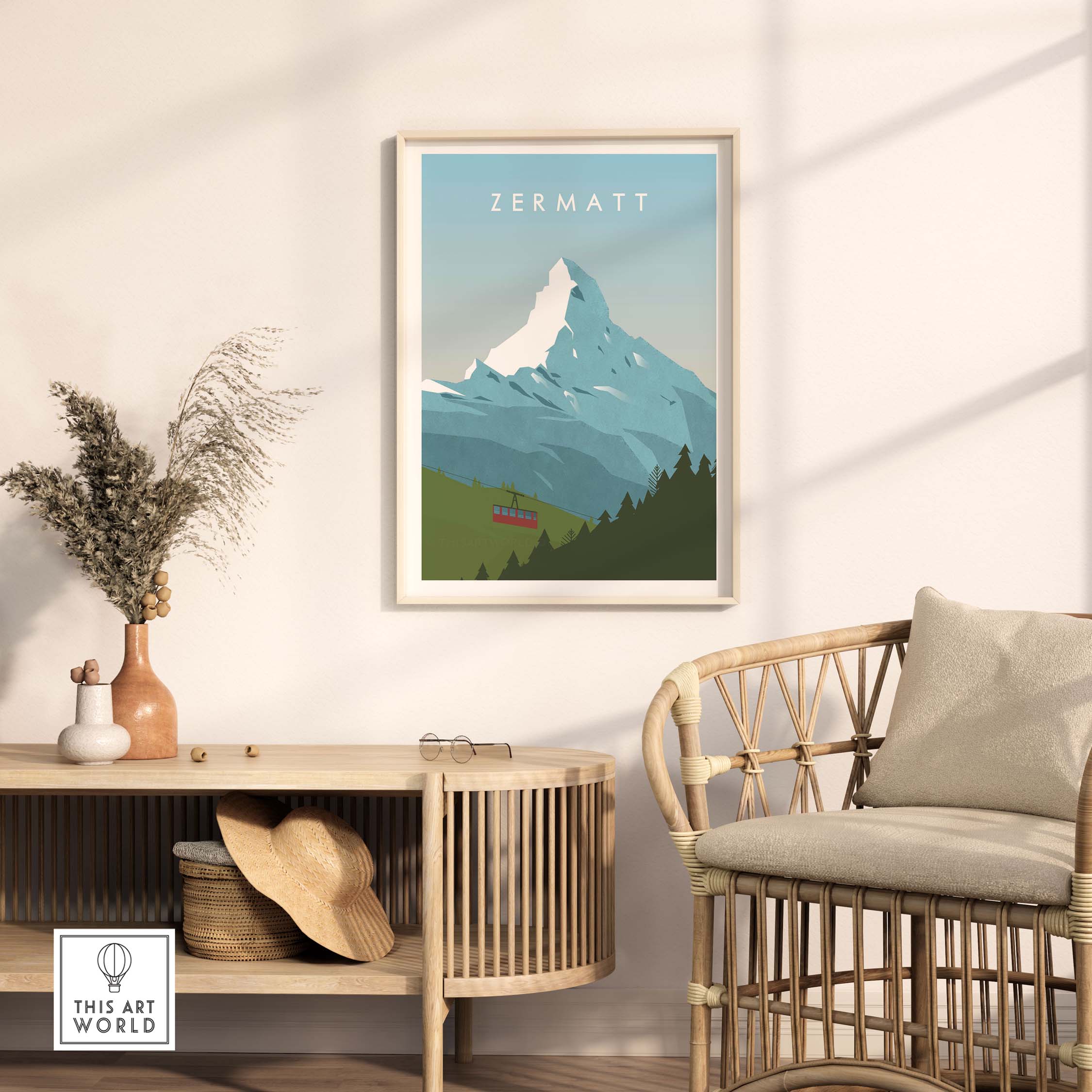 Zermatt Print Wall Art Poster displayed in a modern living room with mountain scenery and stylish decor.