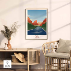 Zion National Park art print displayed in a stylish living room, showcasing minimalist design and vibrant landscape colors.