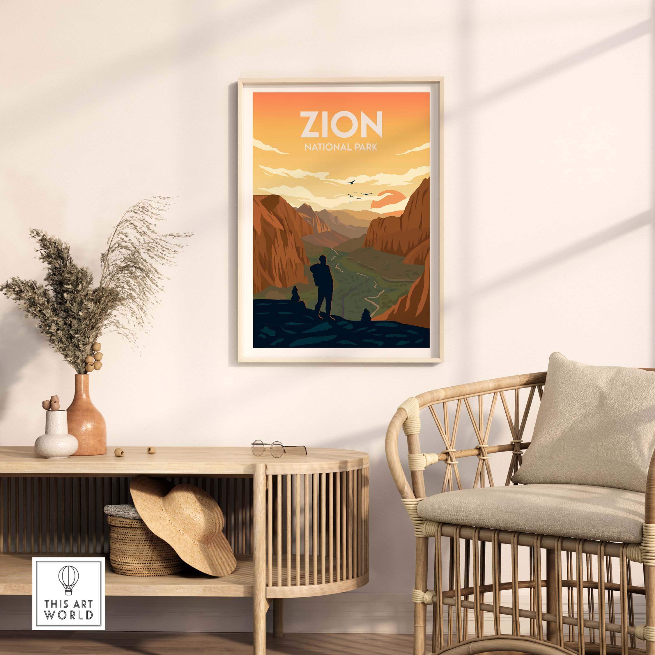 Zion National Park poster displayed in a stylish living room setting, showcasing minimalist outdoor art.