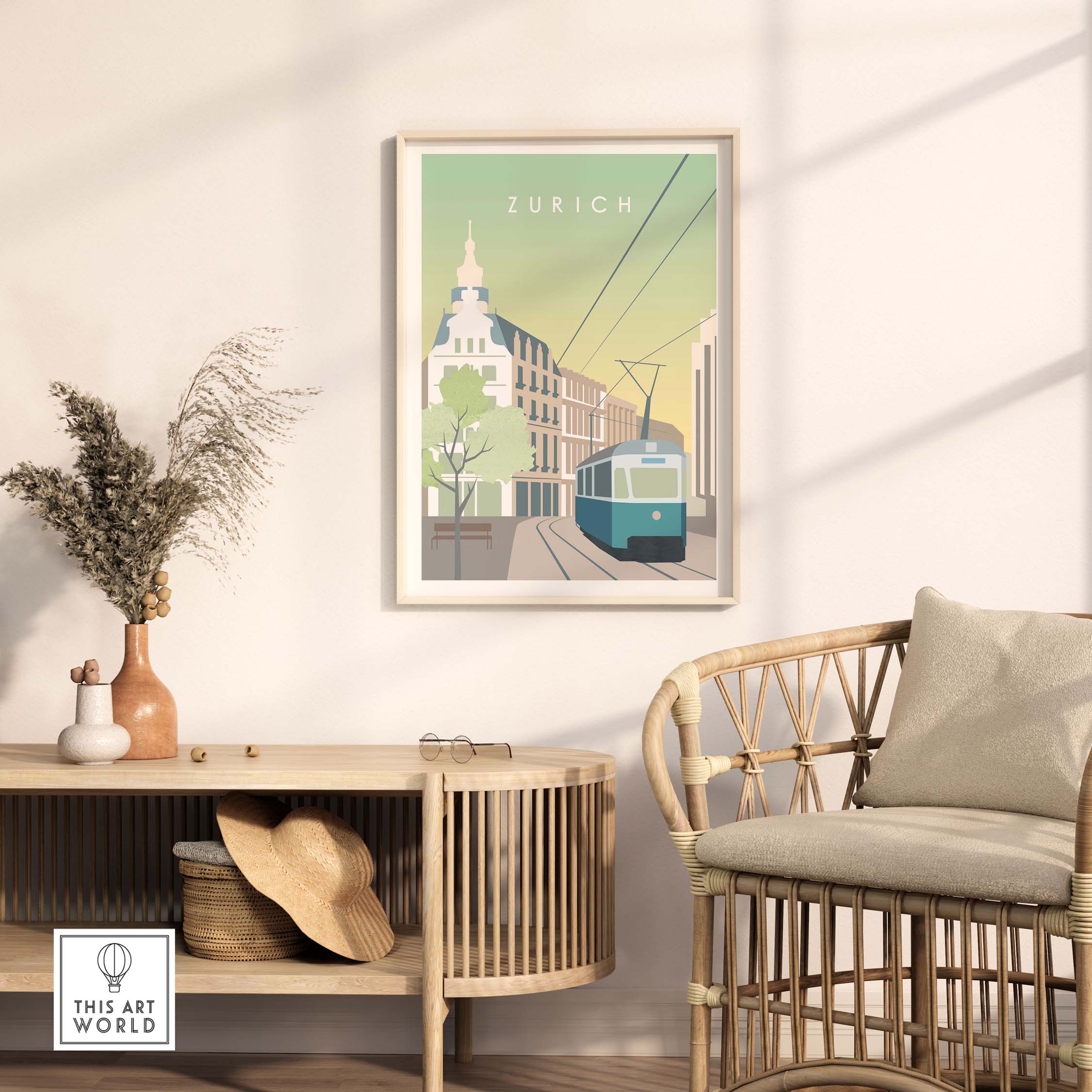 Zurich Print Wall Art Poster featuring a vintage-style tram scene, perfect for home or office decor.
