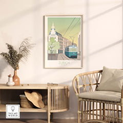 Zurich Print Travel Poster showcasing a tram in a vintage-style illustration, perfect for home or office decor.