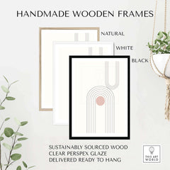 Handmade wooden frames in natural, white, and black, crafted from sustainably sourced wood with clear perspex glaze.