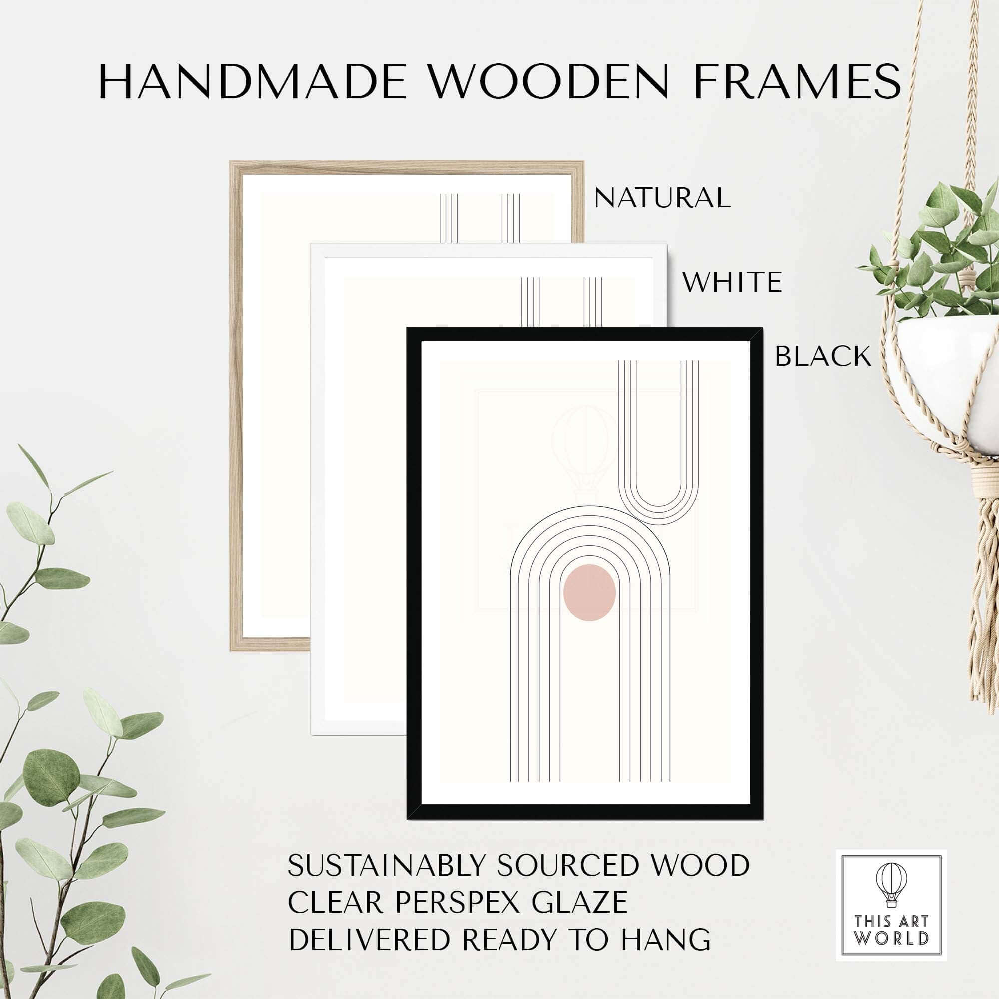 Handmade wooden frames in natural, white, and black, crafted from sustainably sourced wood with clear perspex glaze.