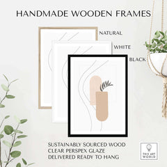Handmade wooden frames in natural, white, and black finishes, made from sustainably sourced wood, ready to hang.