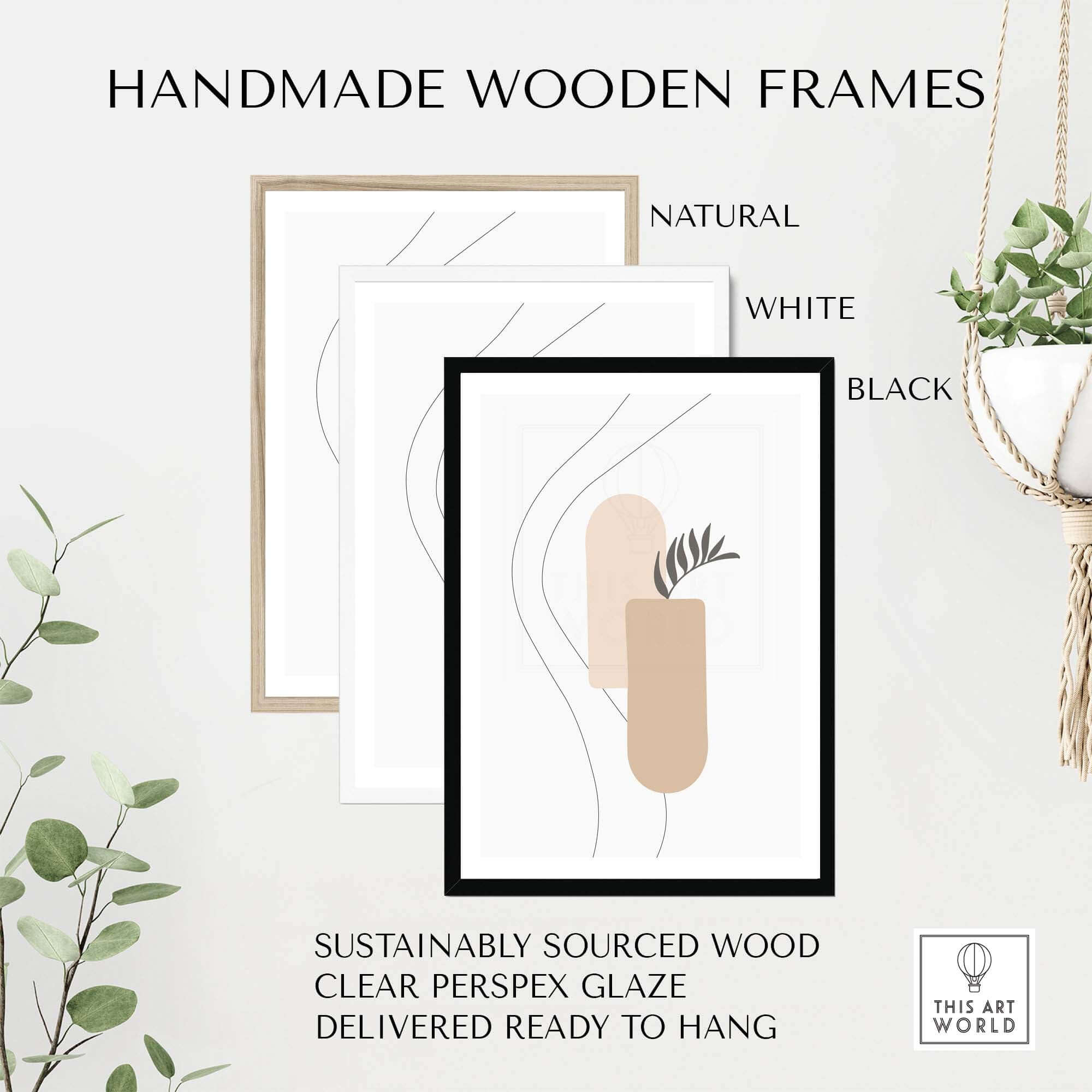 Handmade wooden frames in natural, white, and black finishes, made from sustainably sourced wood, ready to hang.