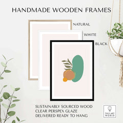 Handmade wooden frames in natural, white, and black for Mid Century Wall Art, sustainably sourced and ready to hang.