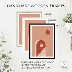 Handmade wooden frames in natural, white, and black finishes for mid century prints, sustainably sourced and ready to hang.