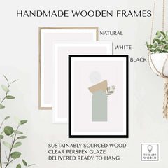 Handmade wooden frames in natural, white, and black styles for modern art decor, sustainably sourced and ready to hang.