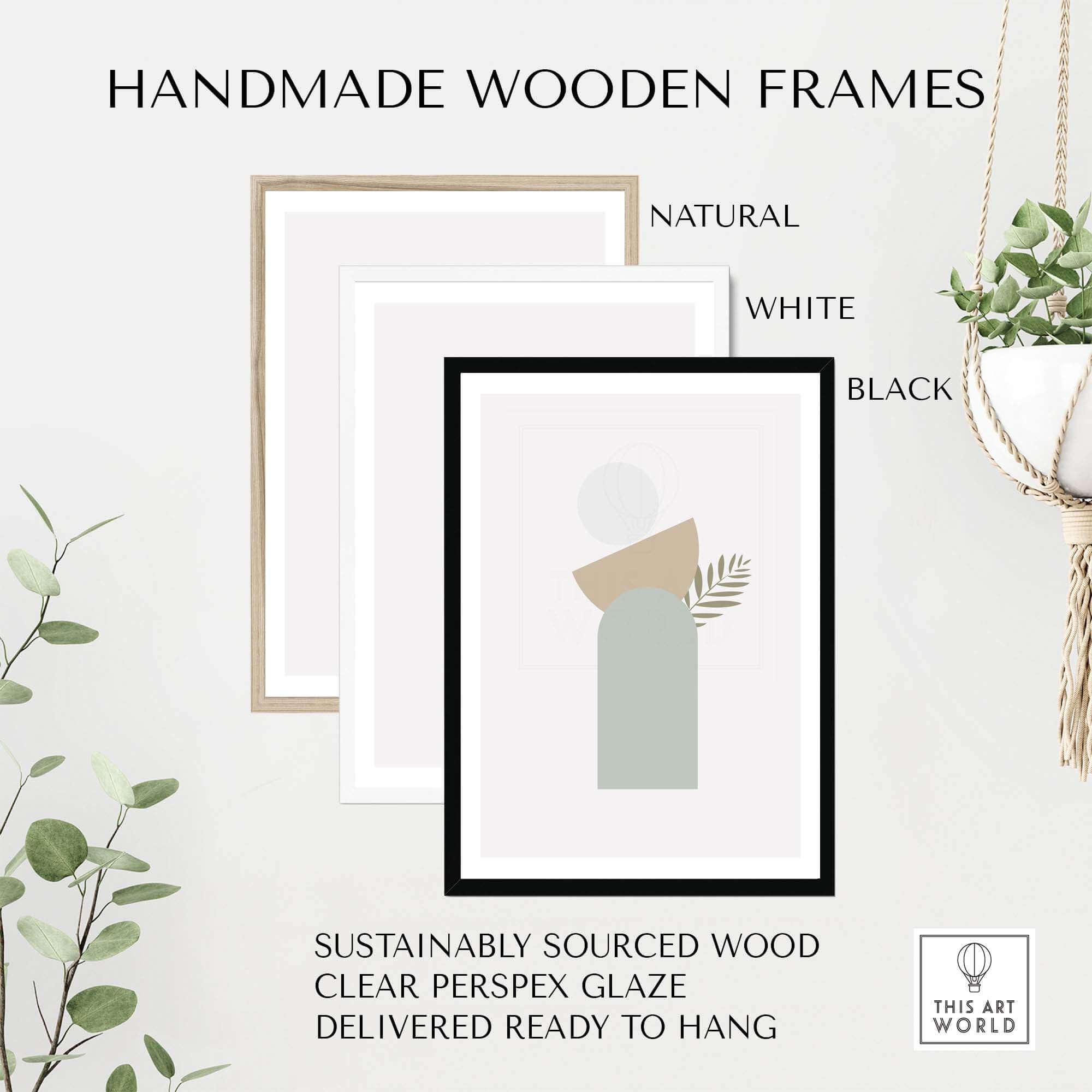 Handmade wooden frames in natural, white, and black styles for modern art decor, sustainably sourced and ready to hang.