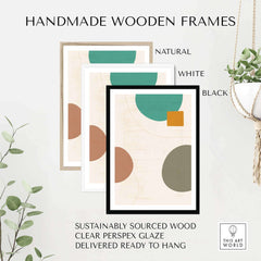 Handmade wooden frames in natural, white, and black for abstract digital prints, made with sustainably sourced wood.