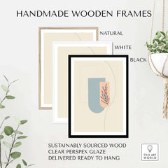 Handmade wooden frames in natural, white, and black, made from sustainably sourced wood, ready to hang.