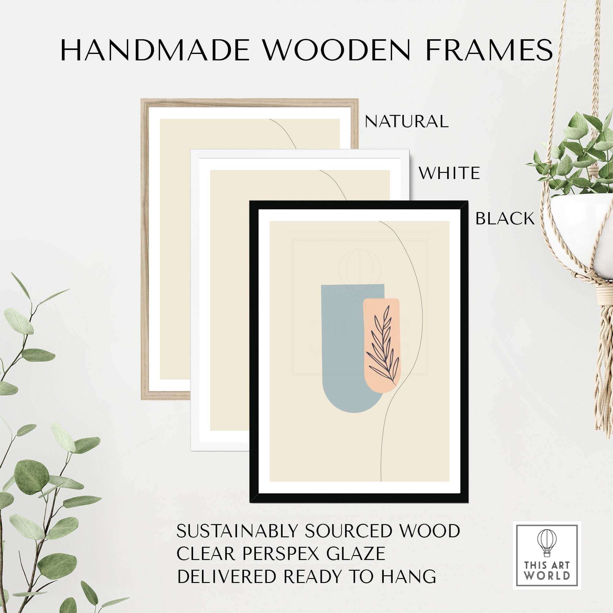 Handmade wooden frames in natural, white, and black, made from sustainably sourced wood, ready to hang.