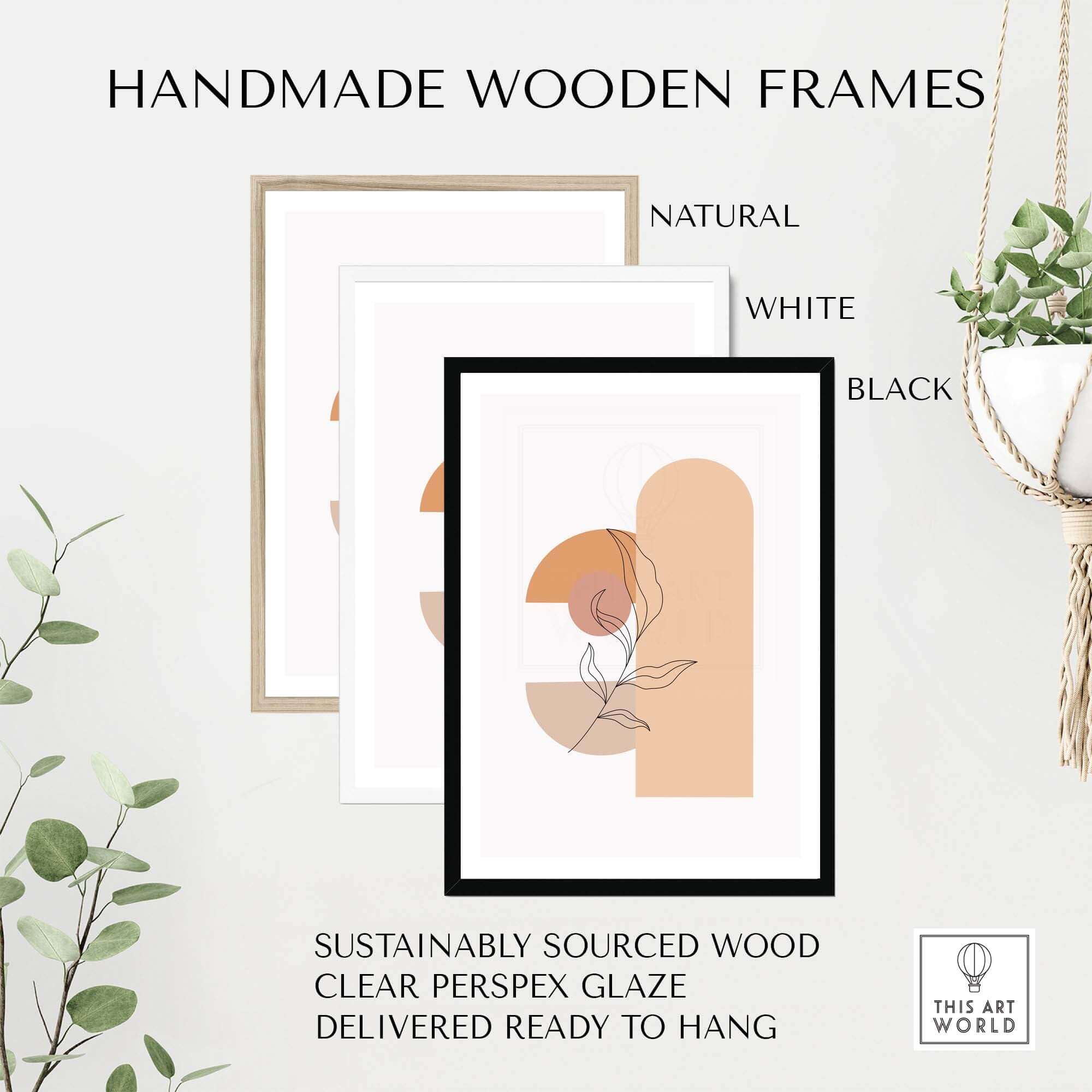 Handmade wooden frames in natural, white, and black for art prints, sustainably sourced and ready to hang.