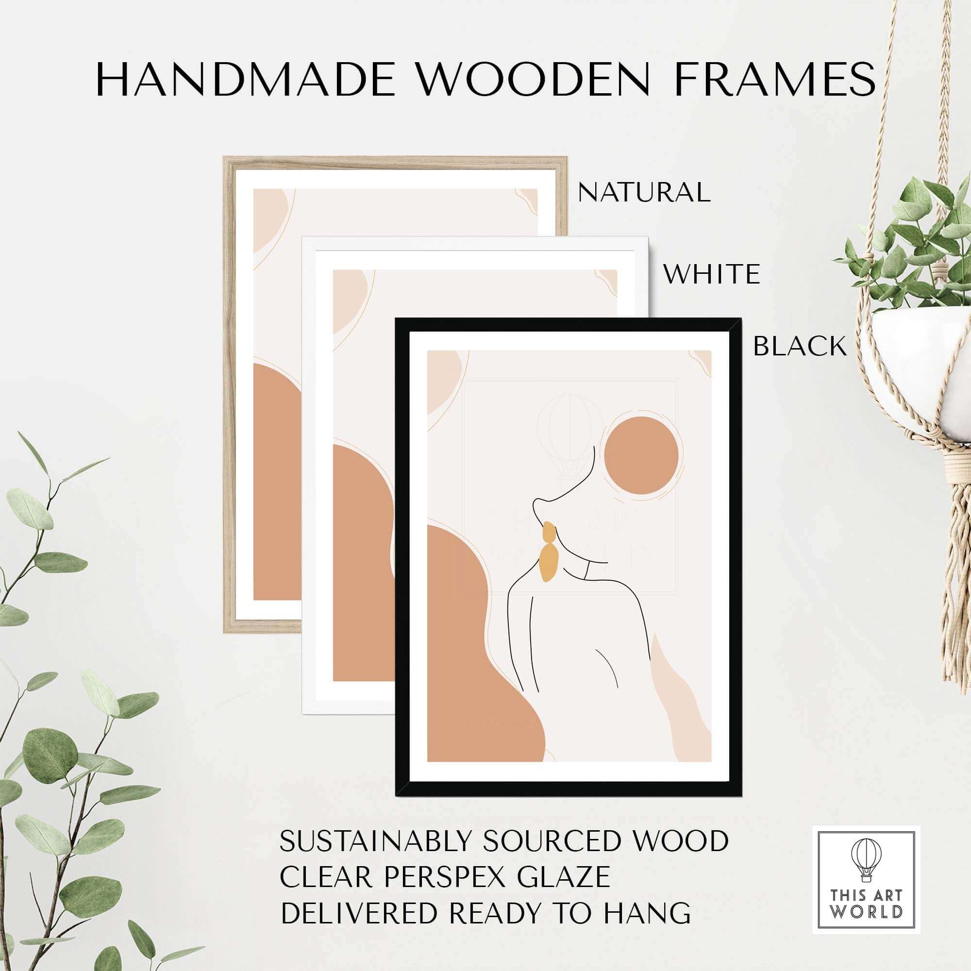 Handmade wooden frames in natural, white, and black styles; sustainably sourced with clear glaze, ready to hang.