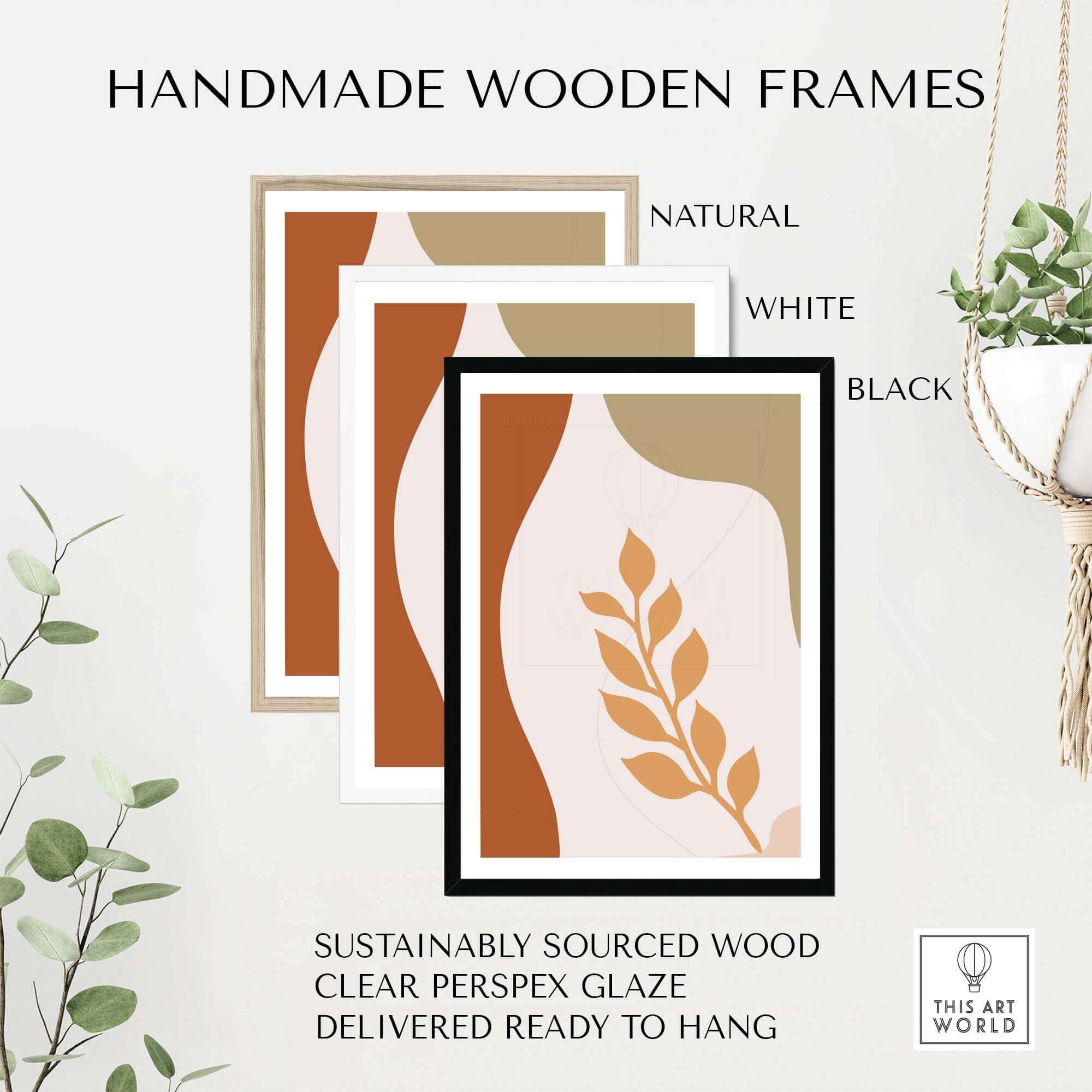 Handmade wooden frames in natural, white, and black finishes, made from sustainably sourced wood and ready to hang.