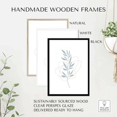 Handmade wooden frames in natural, white, and black colors for leaf art prints, sustainably sourced and ready to hang.