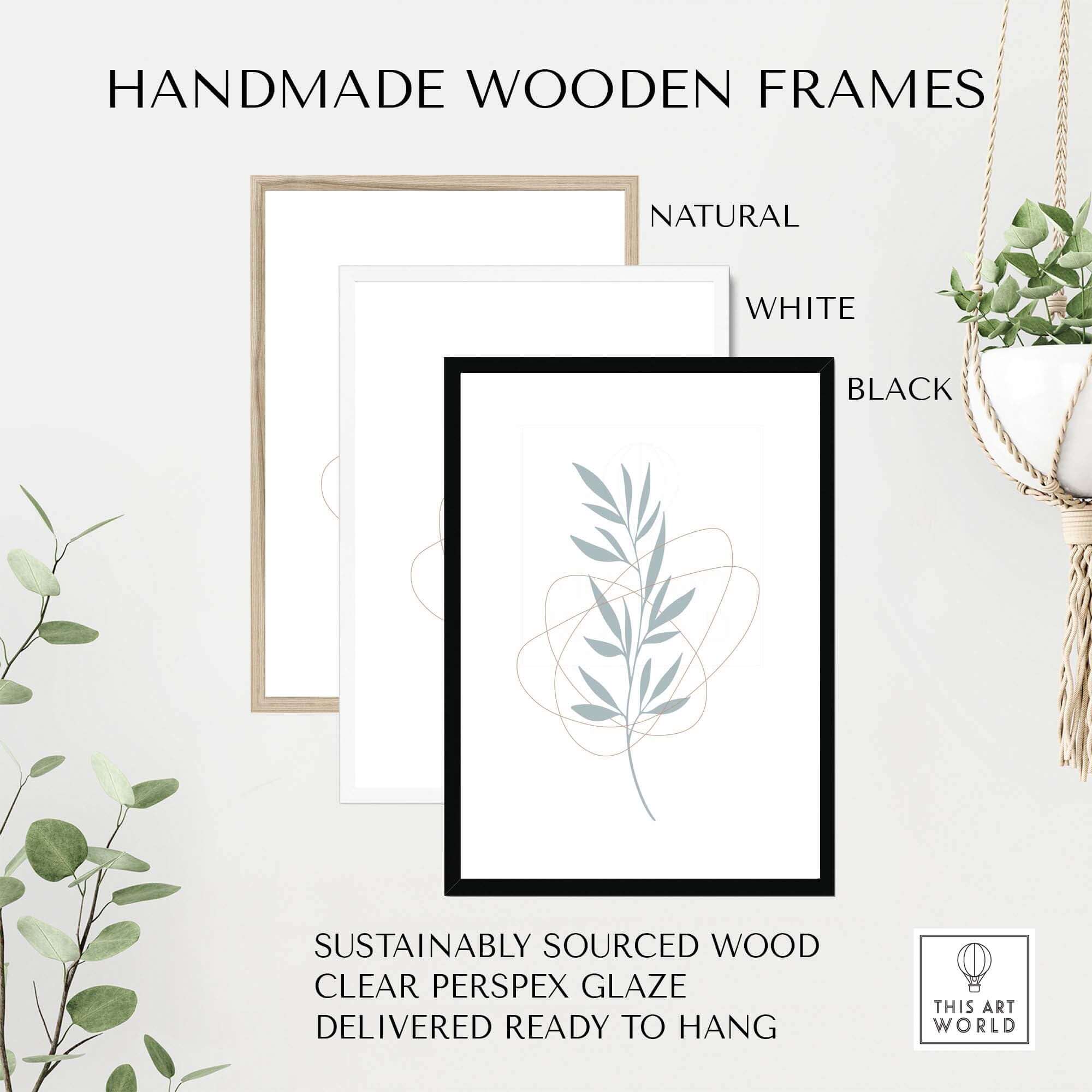 Handmade wooden frames in natural, white, and black colors for leaf art prints, sustainably sourced and ready to hang.