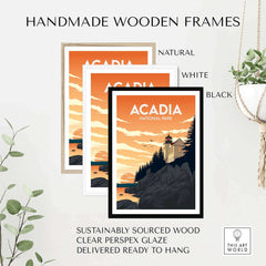 Handmade wooden frames for Acadia National Park art prints in natural, white, and black options.