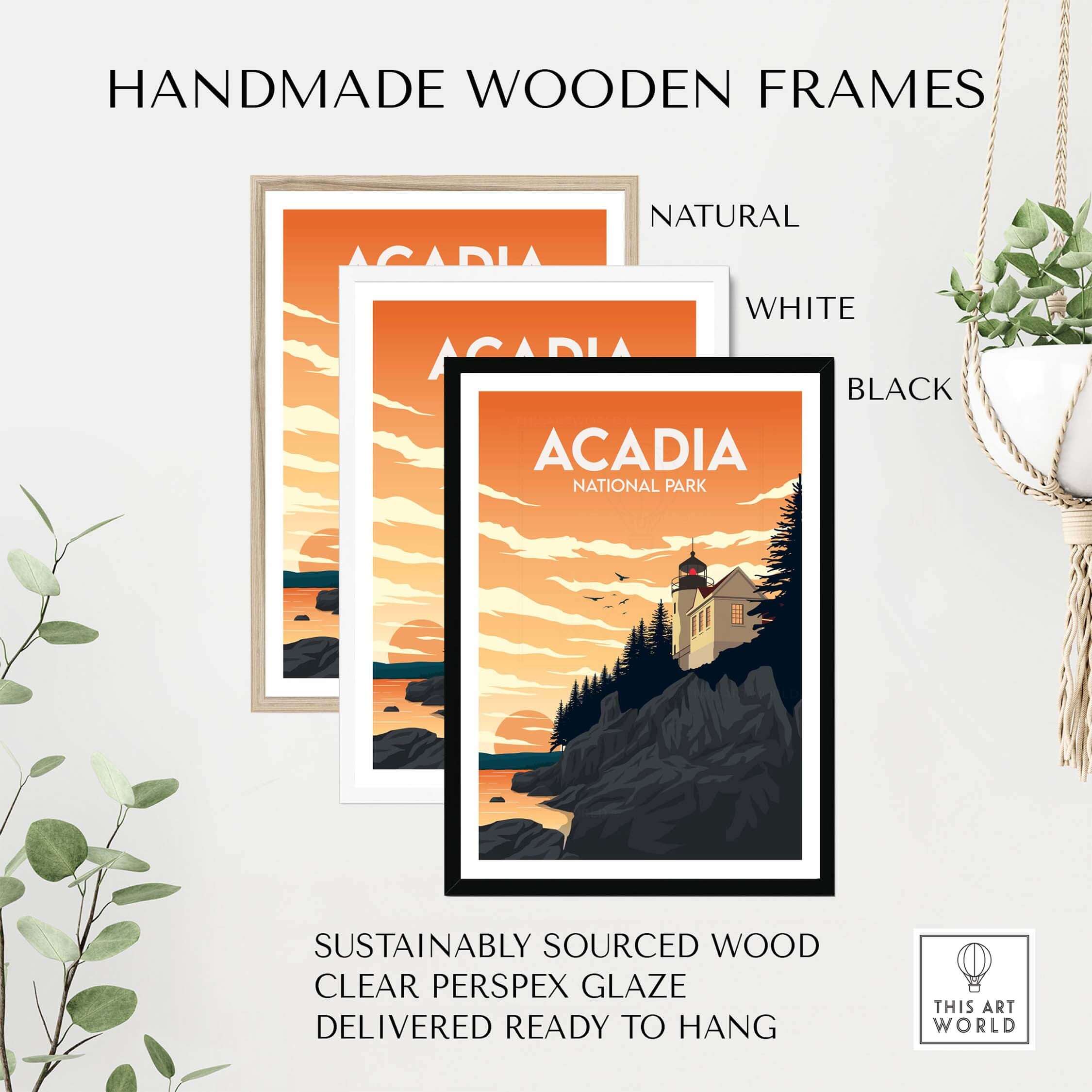 Handmade wooden frames for Acadia National Park art prints in natural, white, and black options.