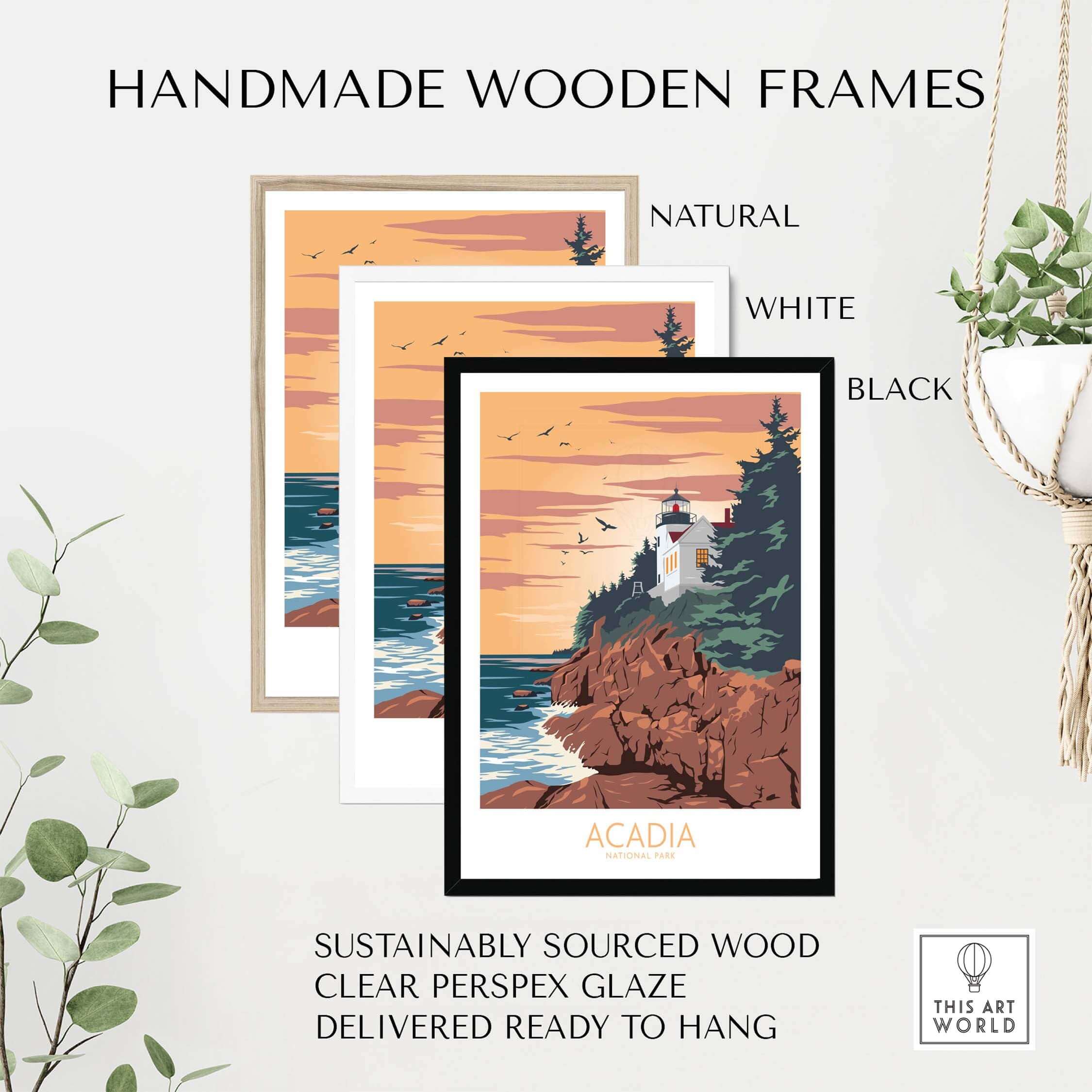 Acadia Poster Print Wall Art with handmade wooden frames in natural, white, and black options, sustainably sourced.