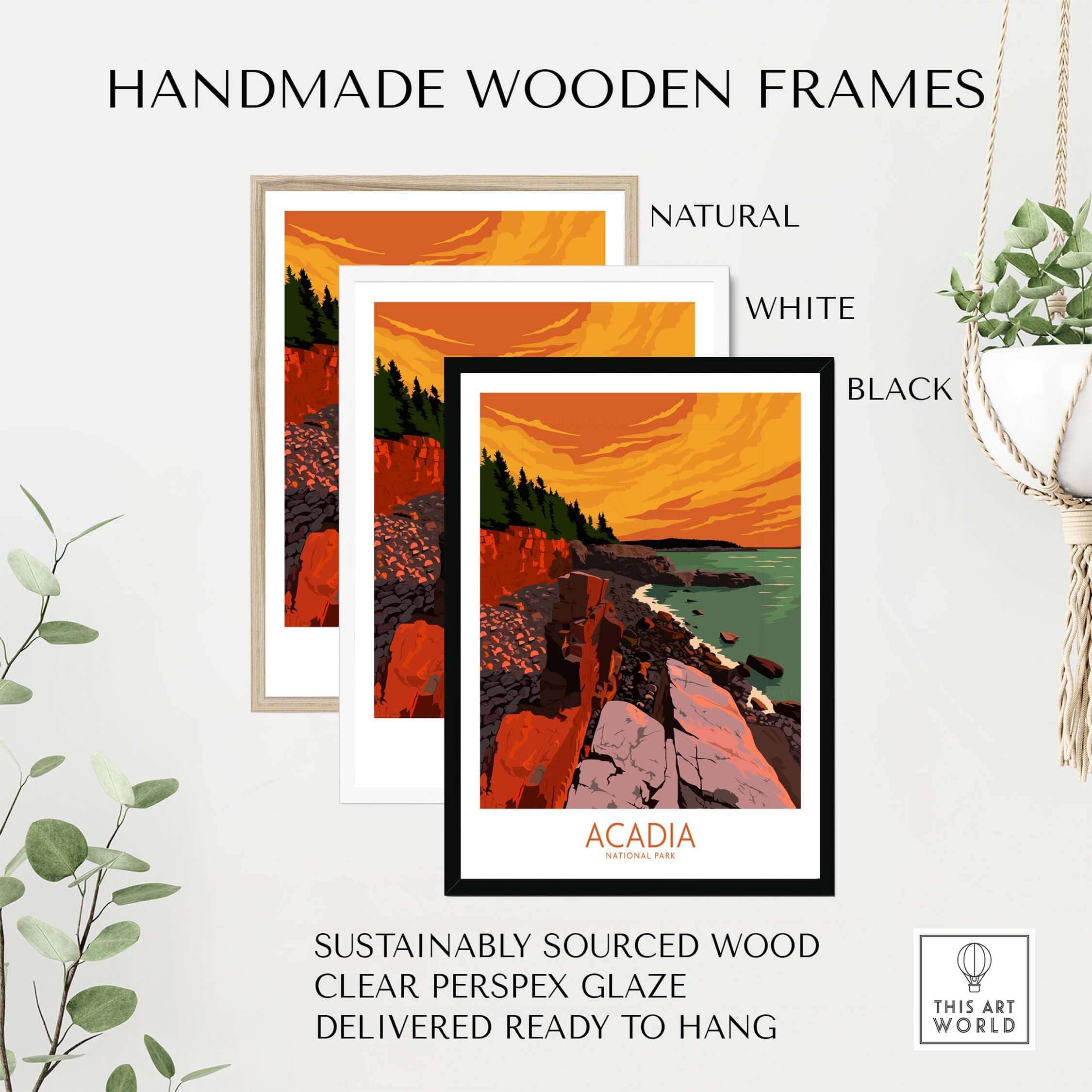 Acadia Print Wall Art Poster in handmade wooden frames: natural, white, and black options.