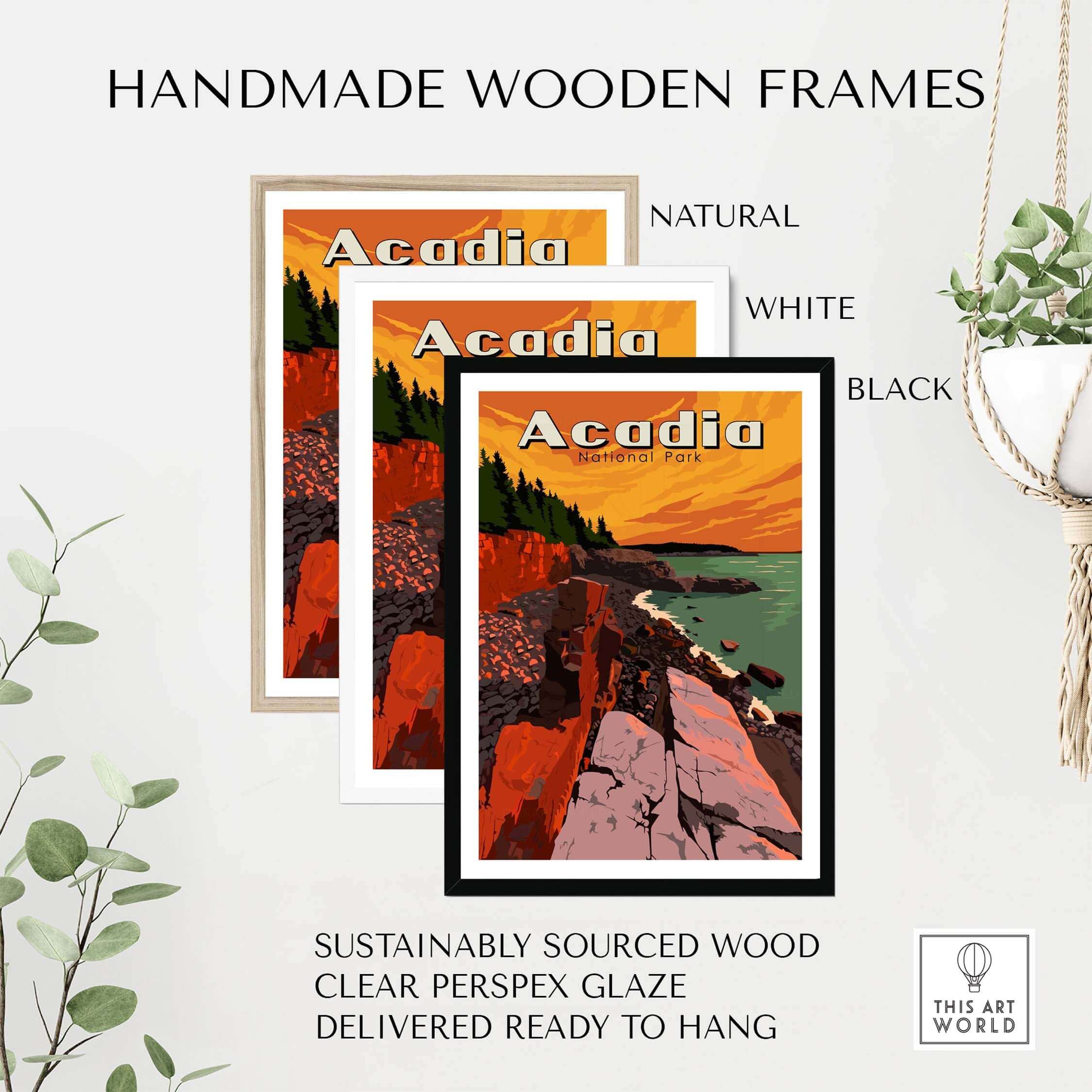 Acadia National Park Print framed in natural, white, and black wooden frames, sustainably sourced and ready to hang.