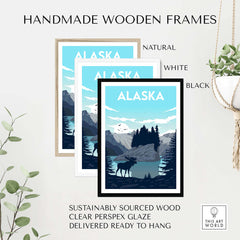 Alaska poster wall art print displayed in handmade wooden frames: natural, white, and black.